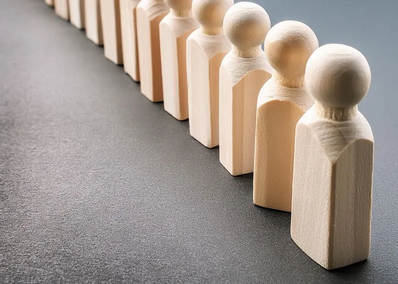 Holzfiguren in einer Reihe